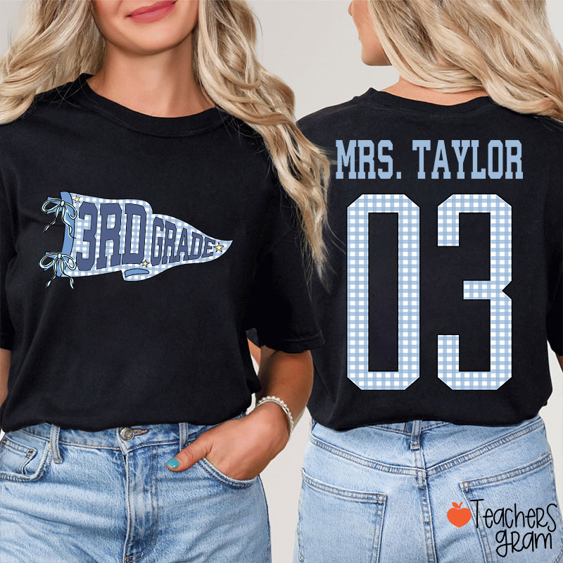 Personalized Grade Pennant Blue Gingham Teacher Two Sided T-Shirt