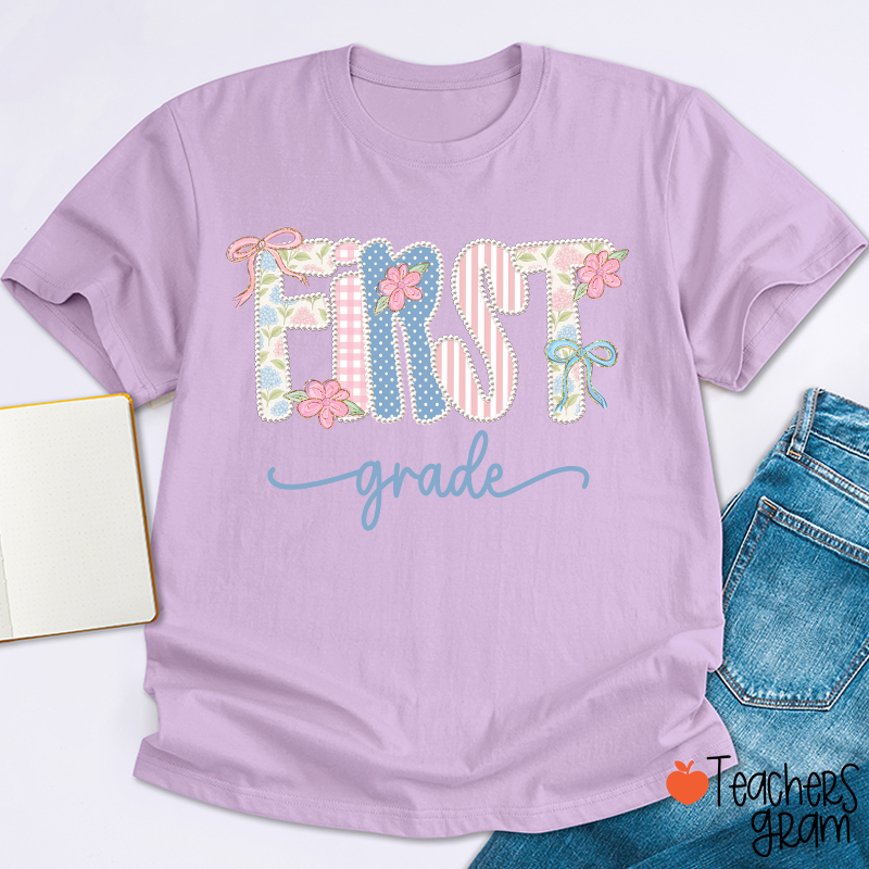 Personalized Grade Gingham Floral Bow Varsity Letter Teacher T-Shirt