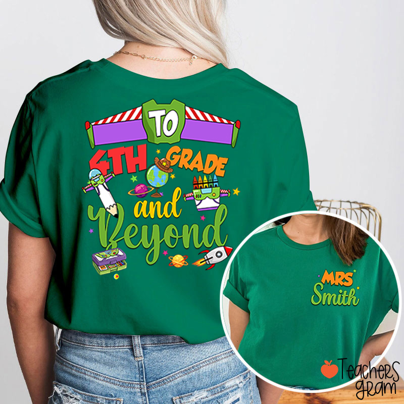 Personalized Grade Cartoon School Supply Rocket Teacher Two Sided T-Shirt