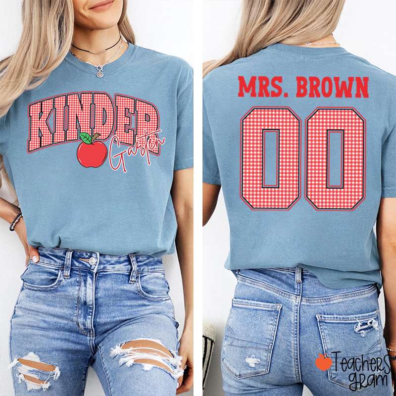 Personalized Grade And Name Checkered Letter Apple Teacher Two Sided T-Shirt