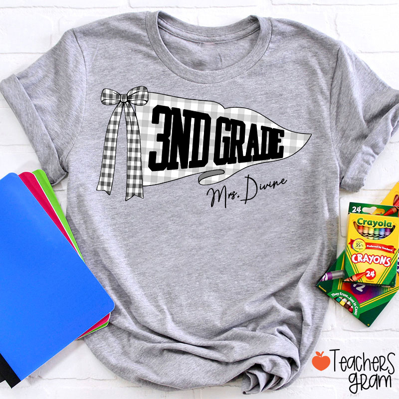Personalized Grade And Name Gingham Bow Pennant Teacher T-Shirt