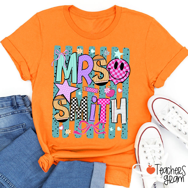 Personalized Grade Coquette Preppy Stripes Teacher T-Shirt
