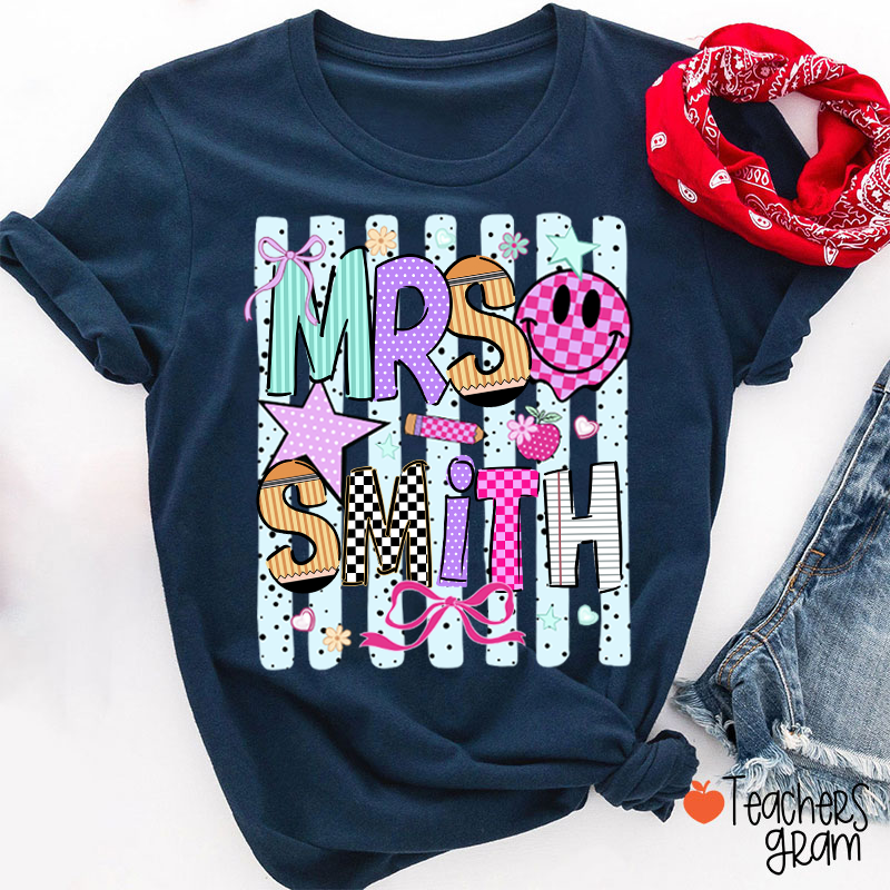 Personalized Grade Coquette Preppy Stripes Teacher T-Shirt