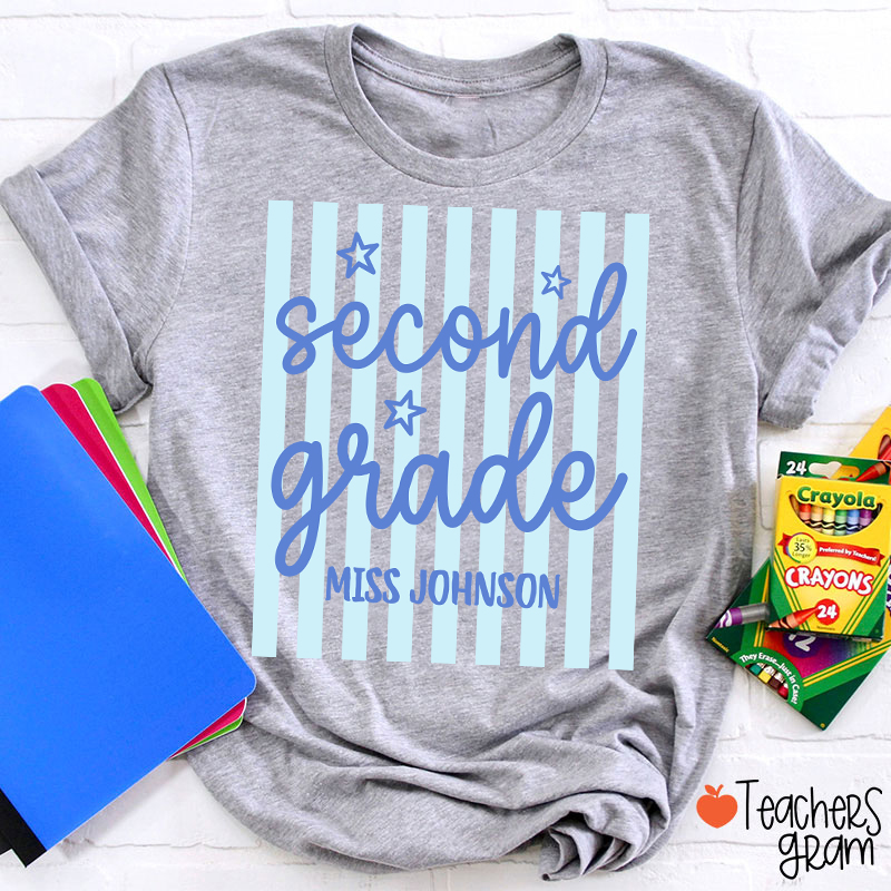 Personalized Grade Blue Gingham Stripes Teacher T-Shirt