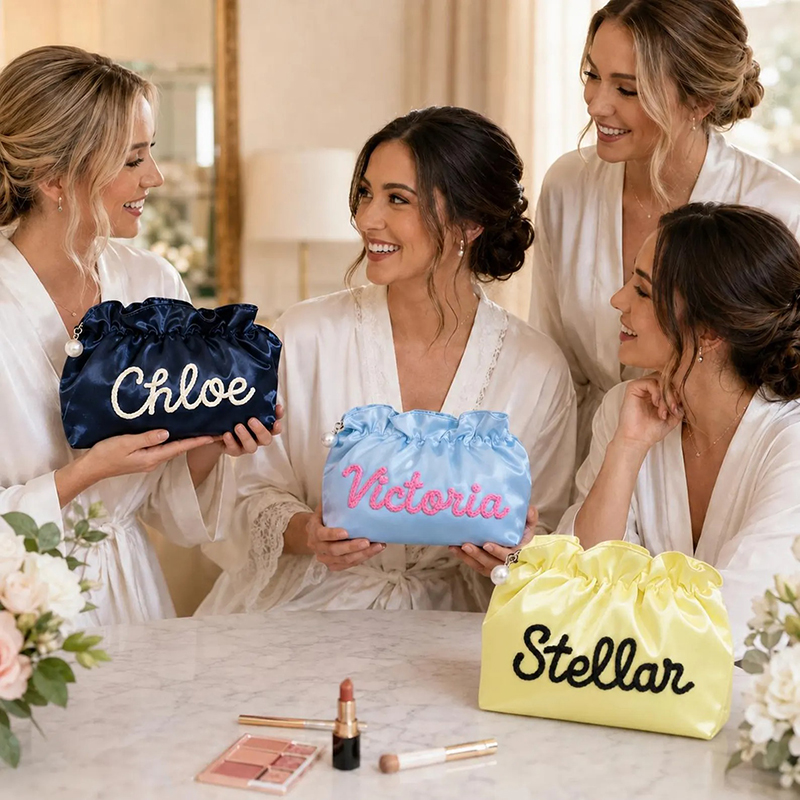 Personalized Chenille Name Satin Teacher Makeup Bag