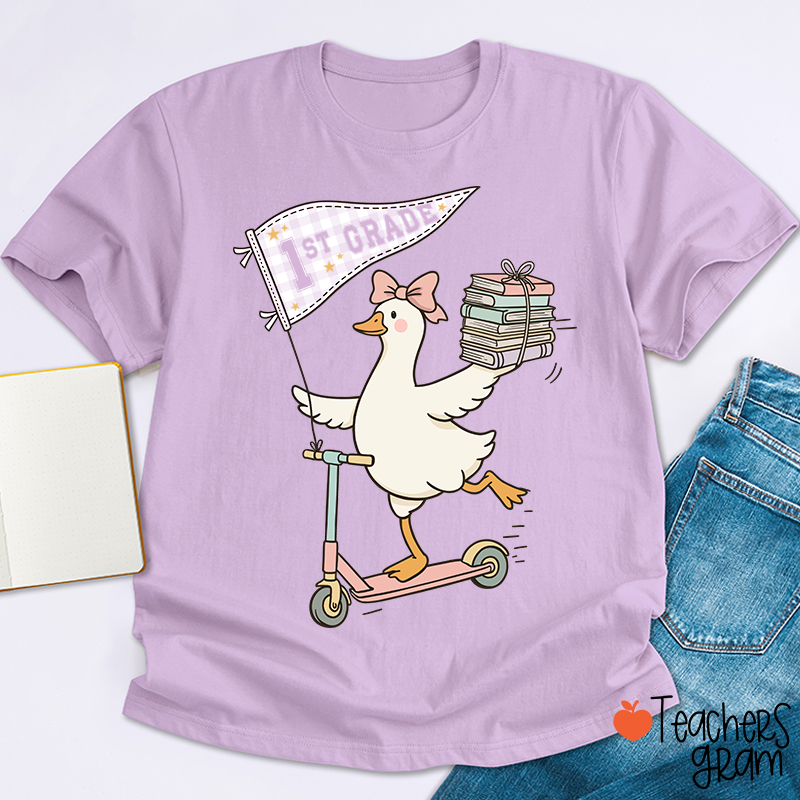 Personalized Grade Scooter Silly Goose Pennant Book Stack Teacher T-Shirt