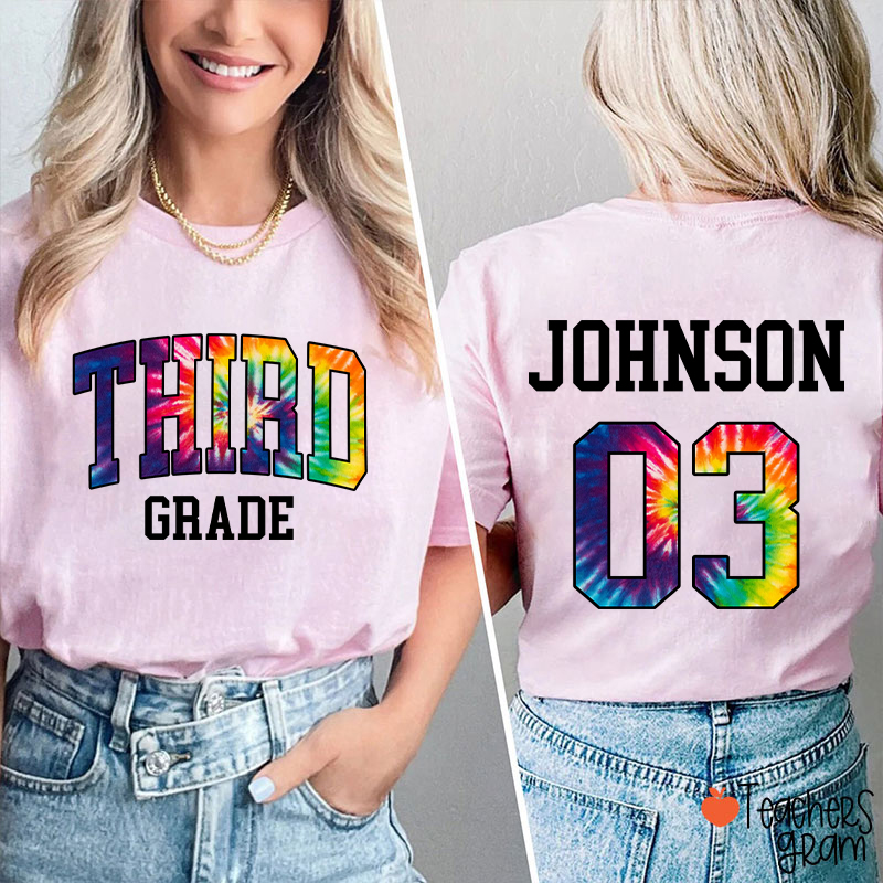 Personalized Grade And Name Tie-dye Letter Teacher Two Sided T-Shirt