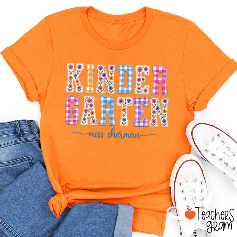 Personalized Name Floral Gingham Teacher T-Shirt