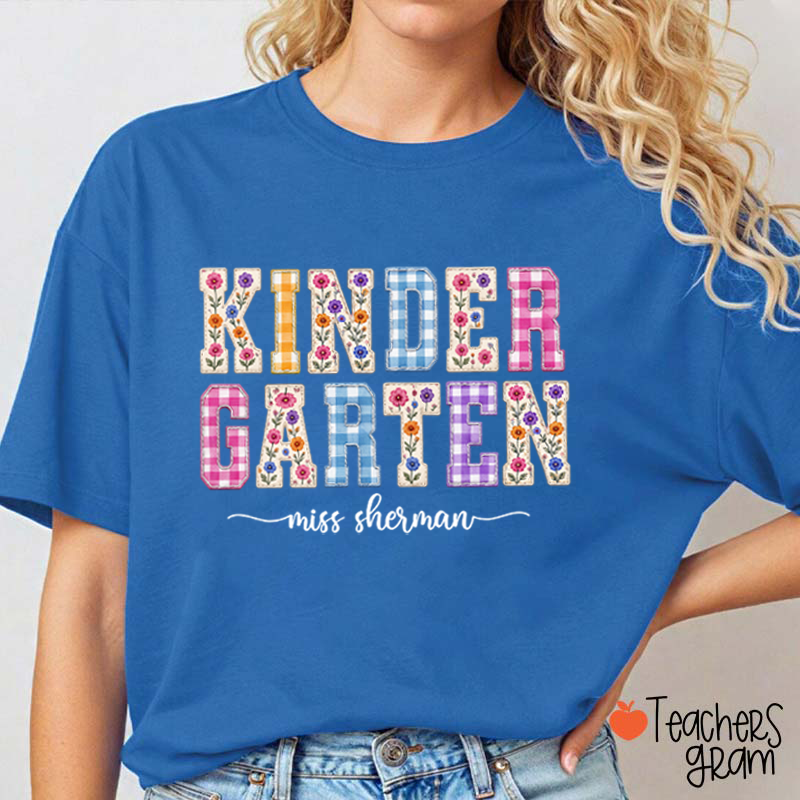 Personalized Name Floral Gingham Teacher T-Shirt