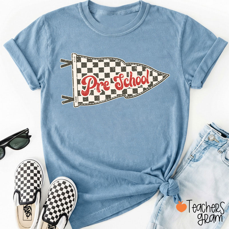 Personalized Grade Checkered Pennant Flag Vintage Retro Preschool Teacher T-Shirt