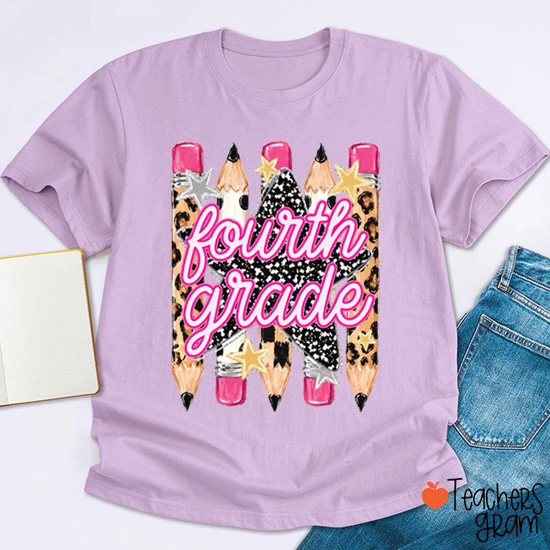 Personalized Grade Name Leopard Star Pencil Teacher T-Shirt
