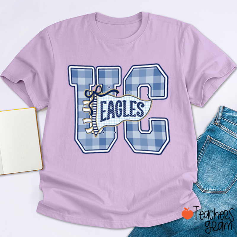 Personalized Mascot Gingham Varsity Letter Bow Teacher T-Shirt