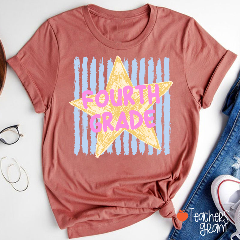 Personalized Grade Stripe Star Pattern Teacher T-Shirt
