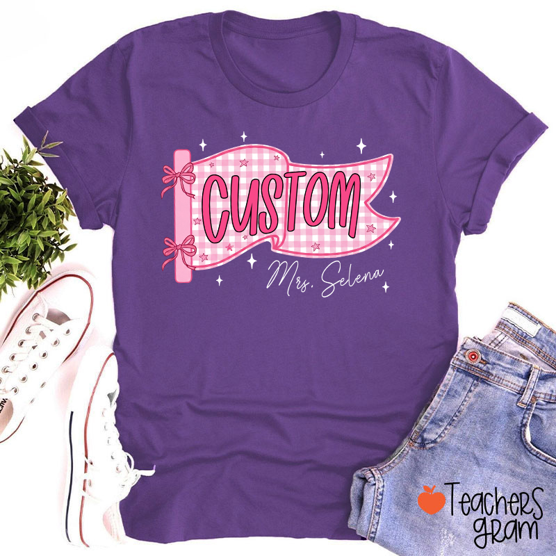 Personalized Name And Grade Gingham Pennant Bow Star Teacher T-Shirt