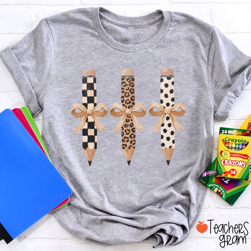 Checkerboard Leopard And Polka Dot Bow Pencil Teacher T-Shirt