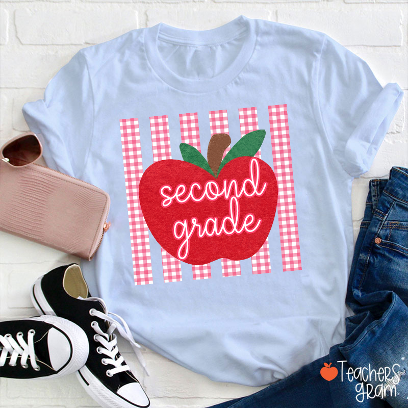 Personalized Grade Gingham Apple Teacher T-Shirt
