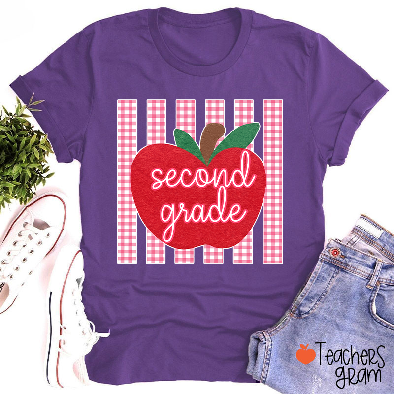 Personalized Grade Gingham Apple Teacher T-Shirt