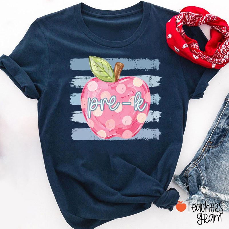 Personalized Grade Pink Polka Dot Apple Blue Brush Stripe Teacher T-Shirt