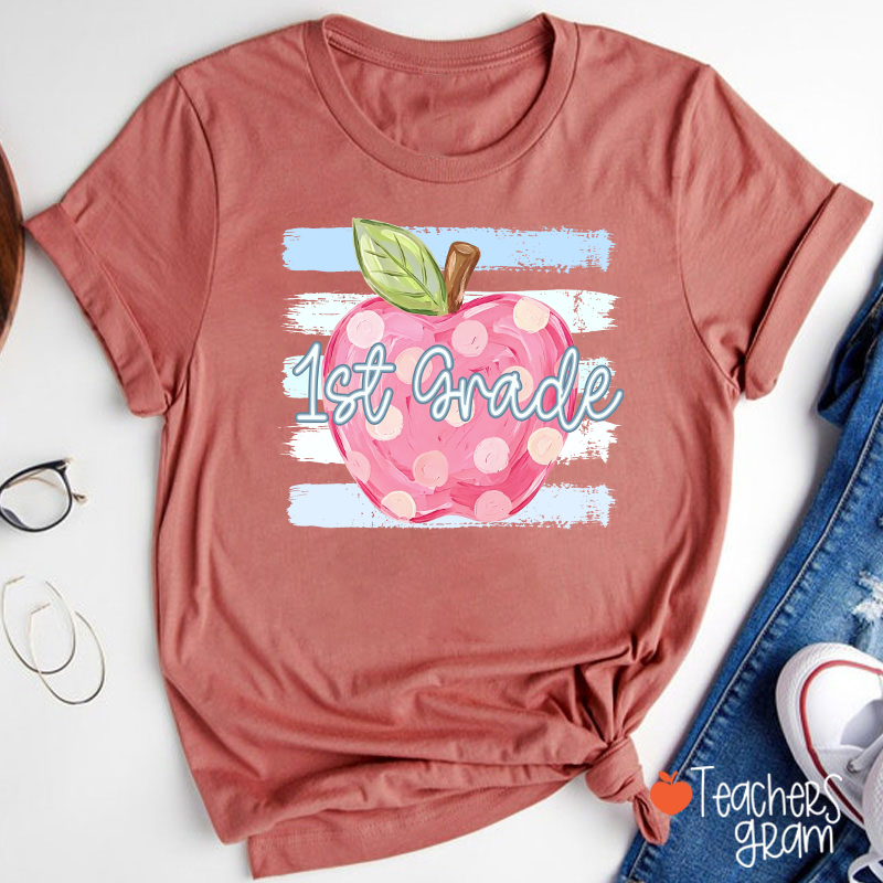 Personalized Grade Pink Polka Dot Apple Blue Brush Stripe Teacher T-Shirt