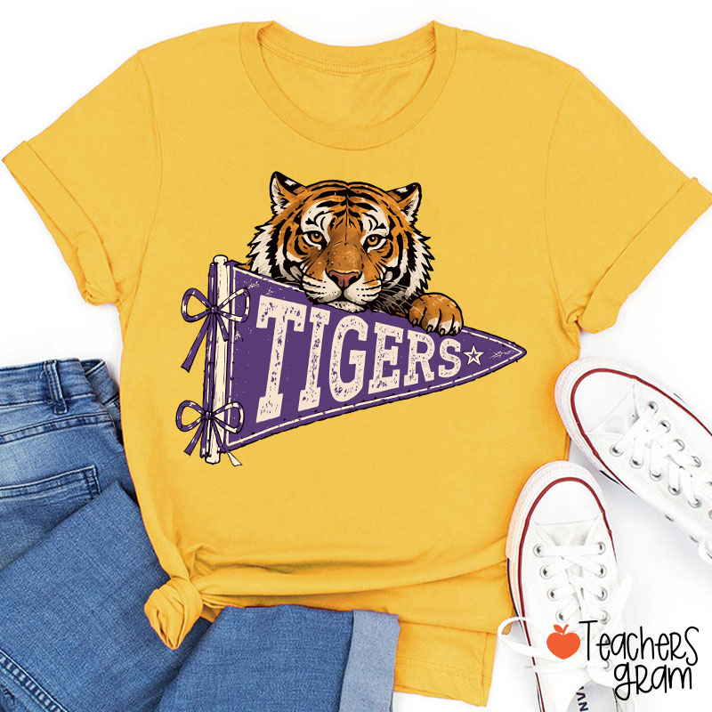 Personalized Mascot Team Name Vintage Pennant Bow Star Teacher T-Shirt