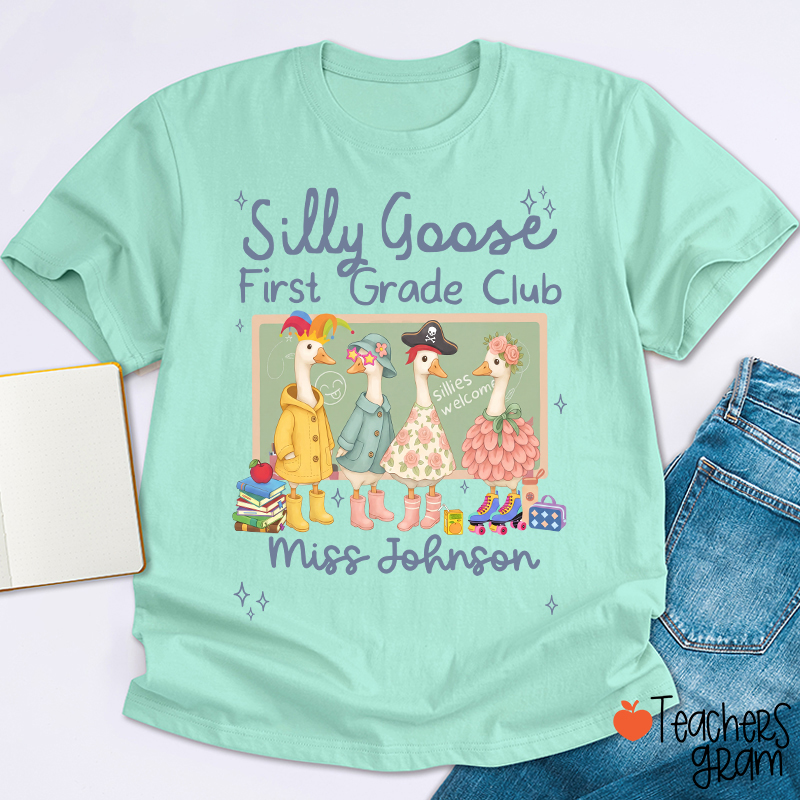 Personalized Grade Name Silly Goose Cartoon Classroom Print Teacher T-Shirt
