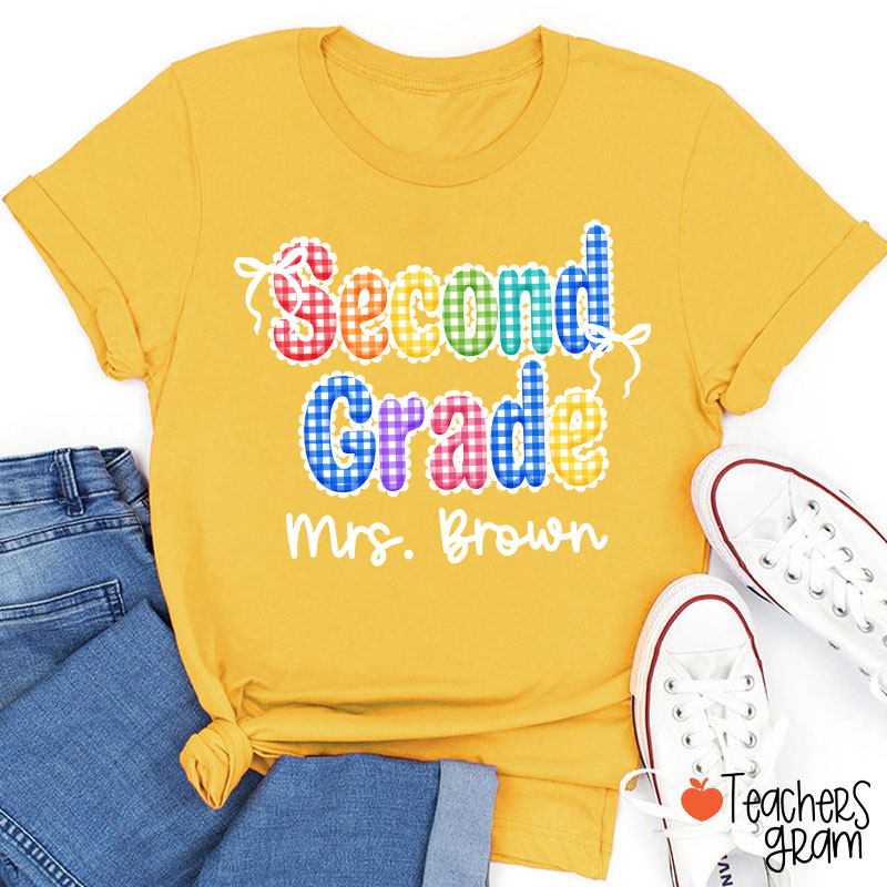 Personalized Grade Name Rainbow Gingham Teacher T-Shirt