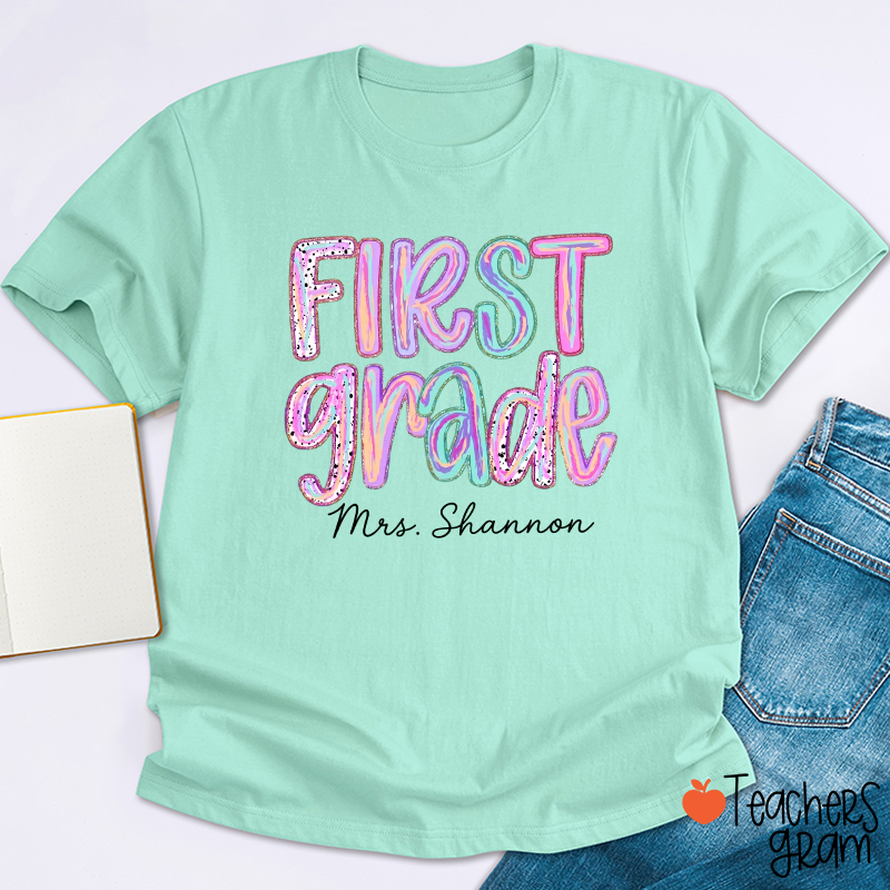 Personalized Grade Rainbow Doodle Name Teacher T-Shirt