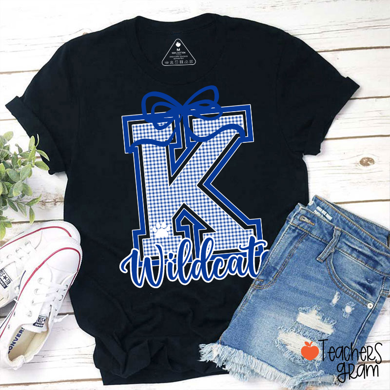 Personalized Mascot Gingham Varsity Coquette Bow Teacher T-Shirt-Teachersgram