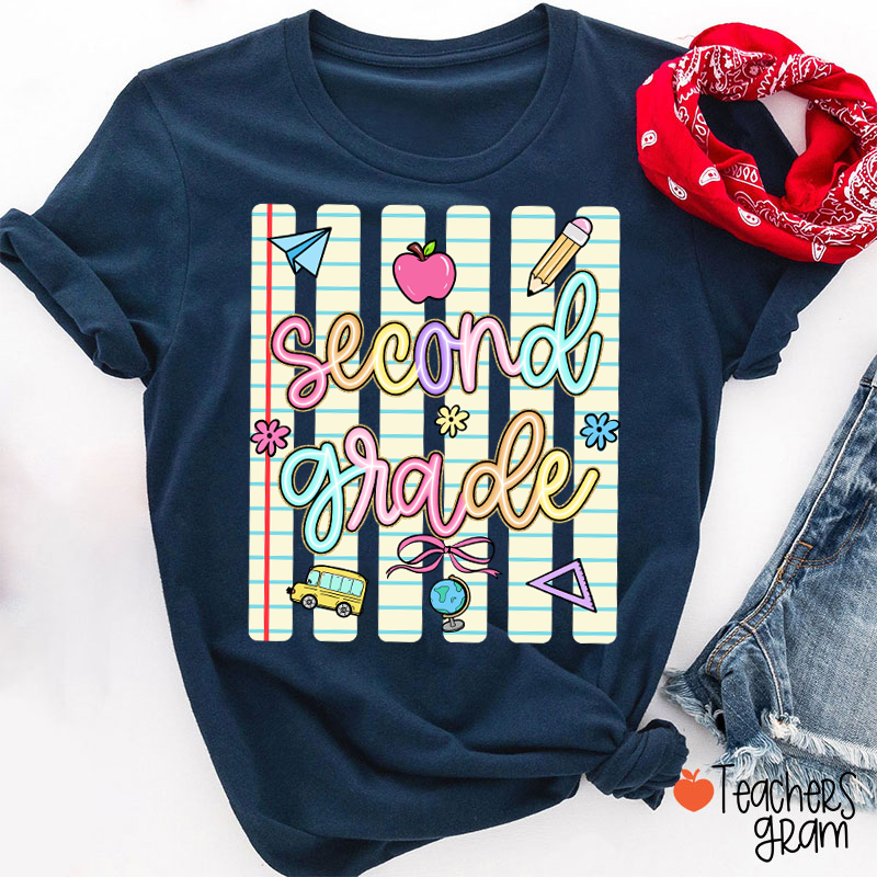 Personalized Grade Notebook Stripes Cute Icons Teacher T-Shirt