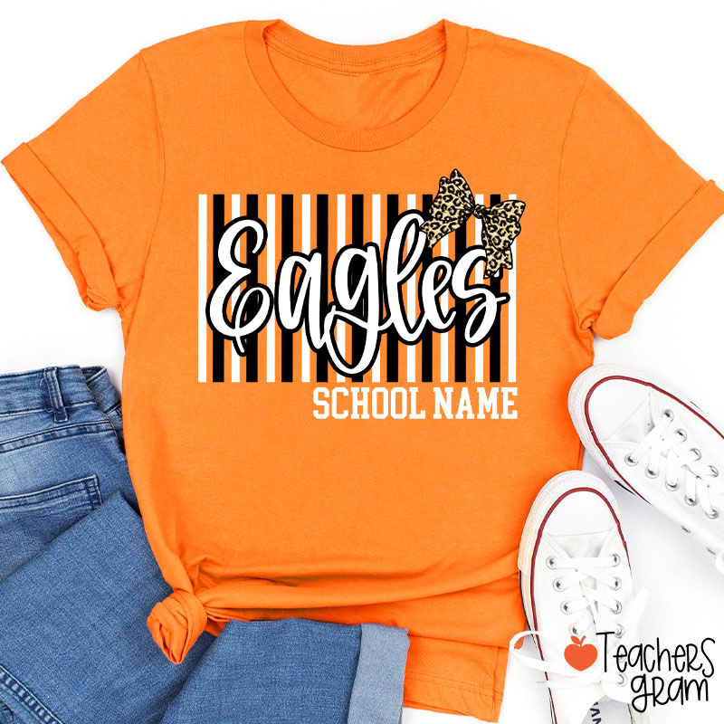 Personalized School Mascot Stripe Leopard Bow Teacher T-Shirt