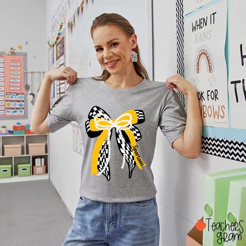 Personalized Mascot Cute Bow School Spirit Graphic Teacher T‑Shirt
