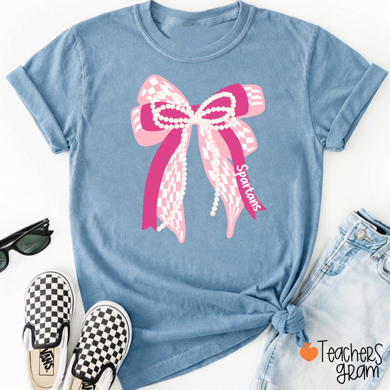 Personalized Mascot Cute Bow School Spirit Graphic Teacher T‑Shirt