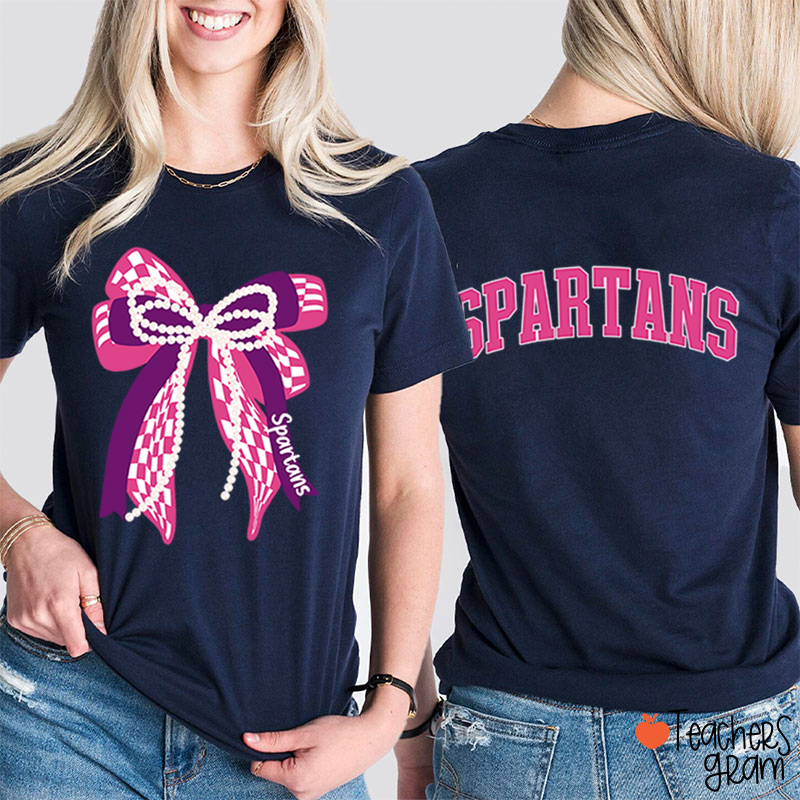 Personalized Mascot Varsity Curved Bow Theme Teacher Two Sided T-Shirt