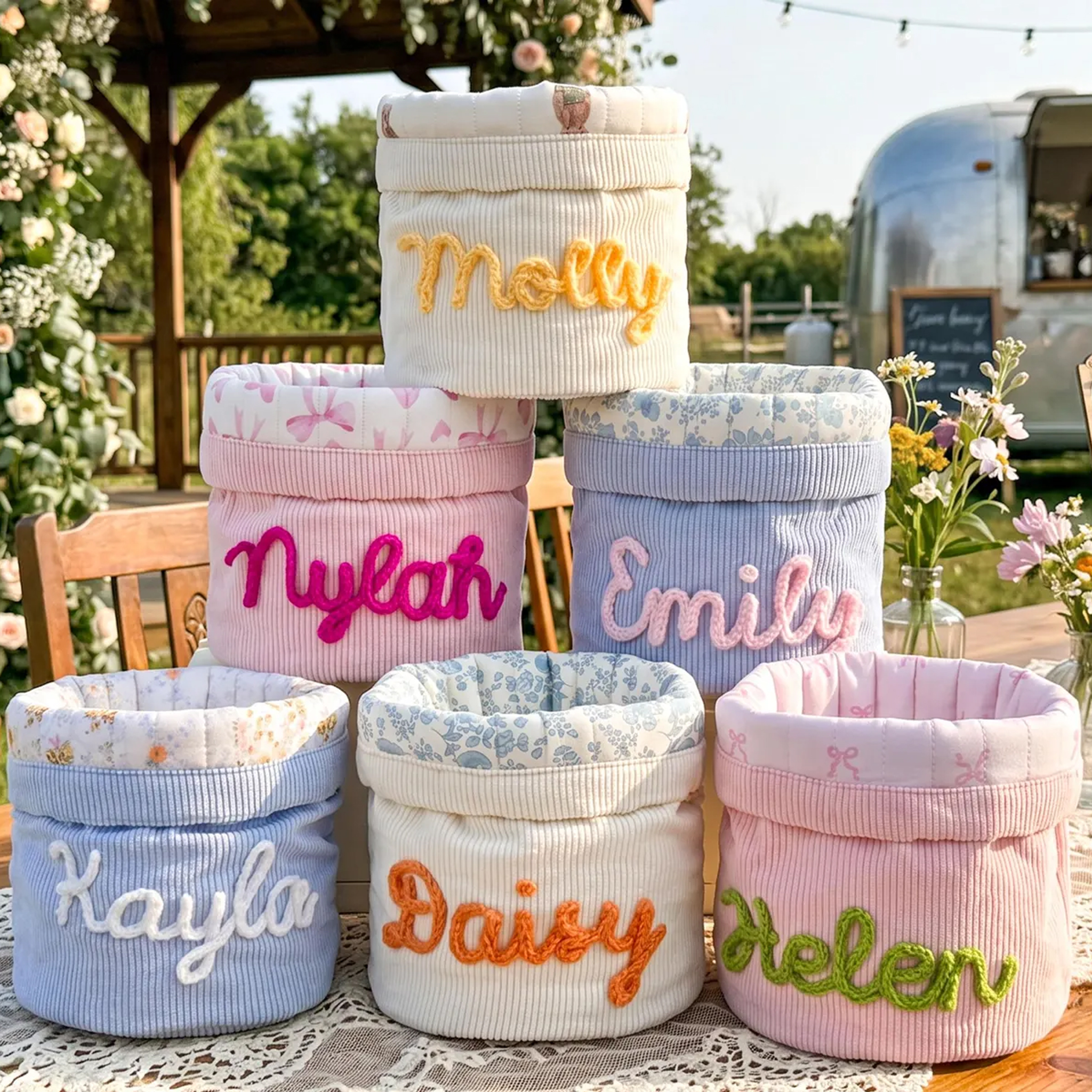 Personalized Embroidered Corduroy Cylindrical Makeup Bag