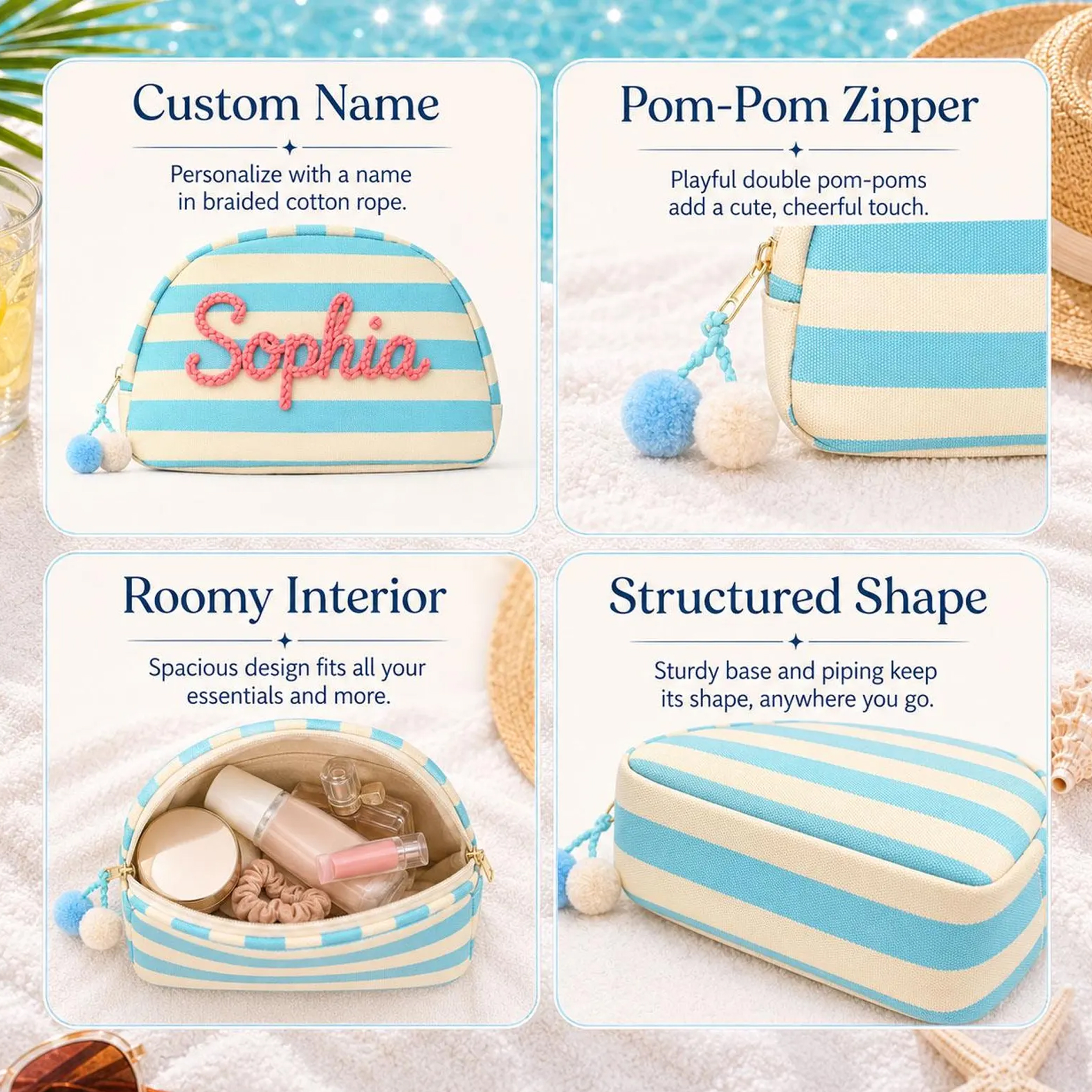 Personalized Embroidered Striped Shell Makeup Bag