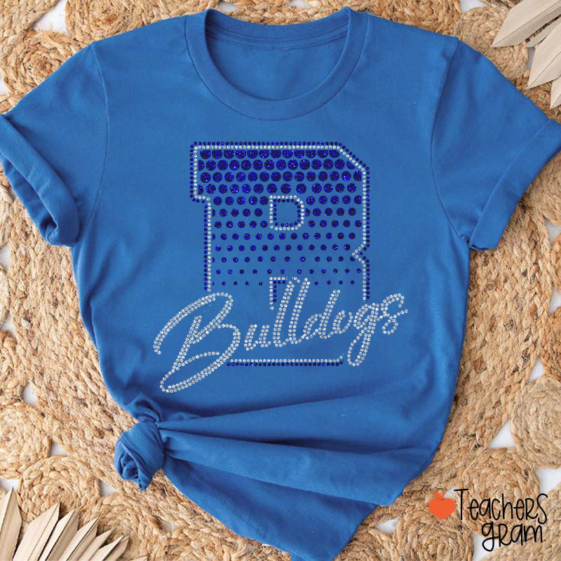 Personalized Mascot Rhinestone Varsity Letter Script Teacher T-Shirt