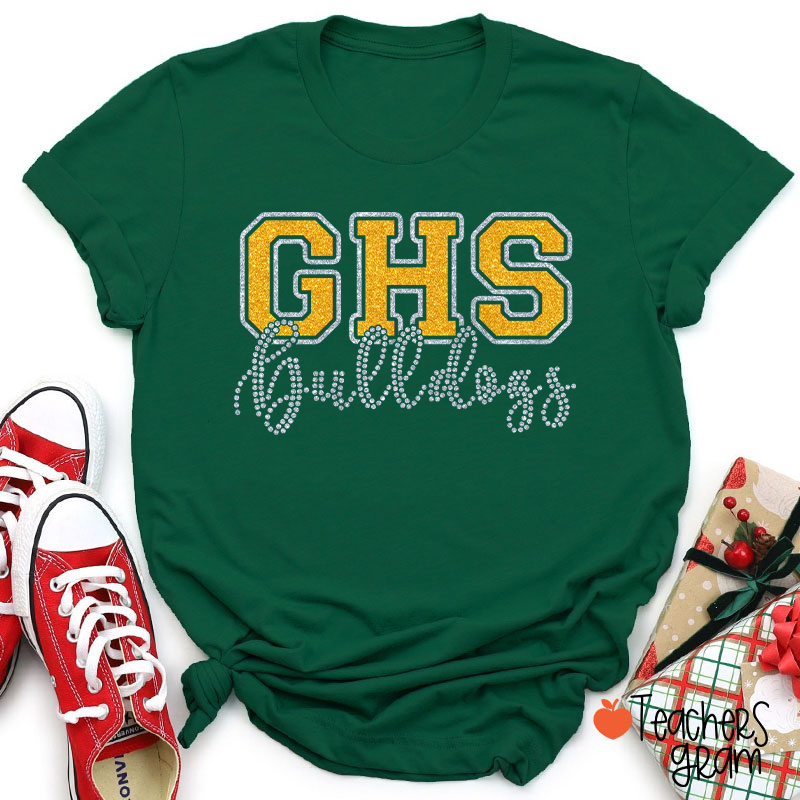 Personalized School Abbreviation And Name Faux Glitter Teacher T-Shirt