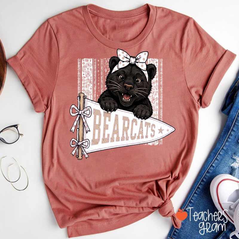 Personalized Mascot Bow Pennant Paisley Striped Graphic Teacher T‑Shirt