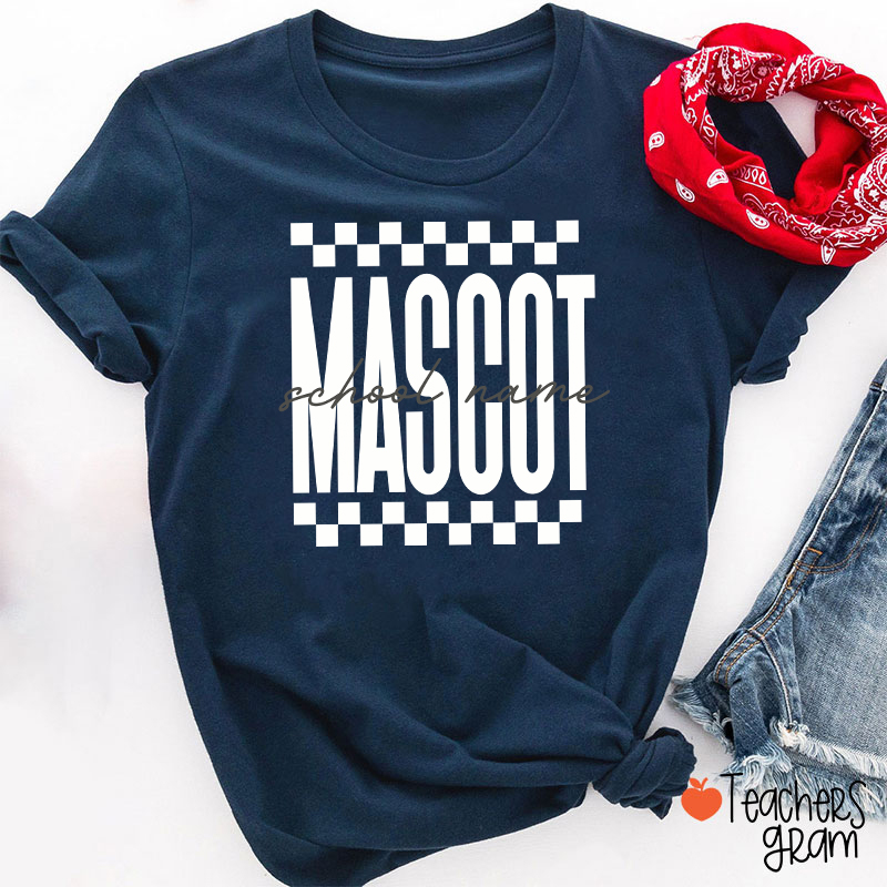 Personalized Mascot Sport Checkered Script Teacher T-Shirt