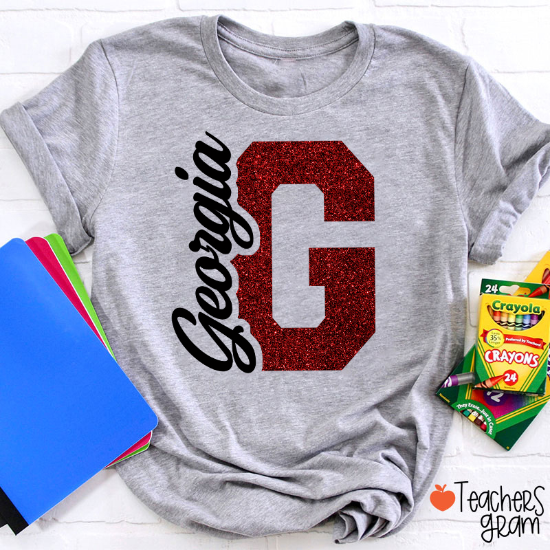 Personalized Mascot Initial Glitter Print Puff Printed Teacher T‑Shirt