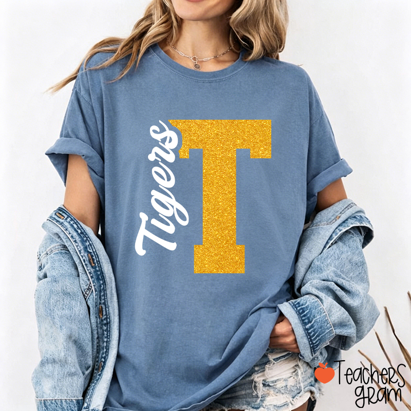 Personalized Mascot Initial Glitter Print Puff Printed Teacher T‑Shirt