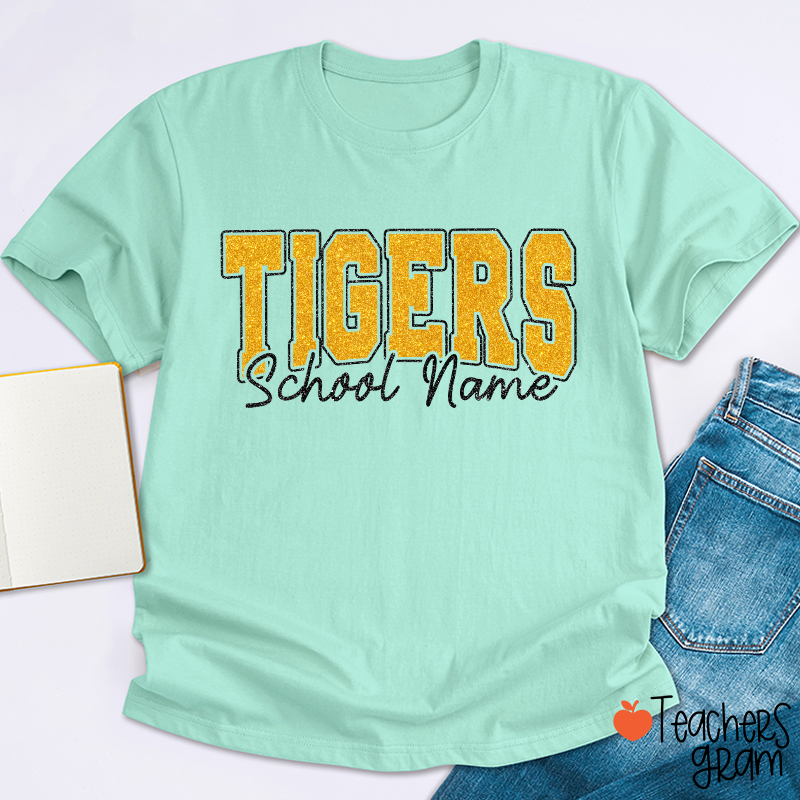 Personalized Mascot School Name Glitter Teacher T‑Shirt