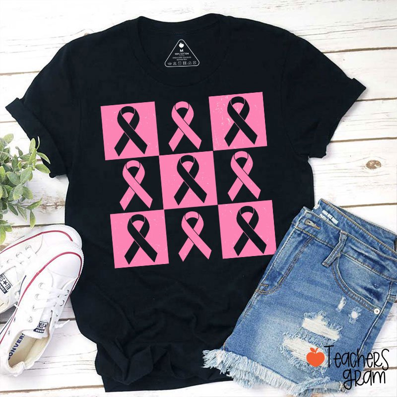 Pink Ribbon Breast Cancer Awareness Teacher T-Shirt