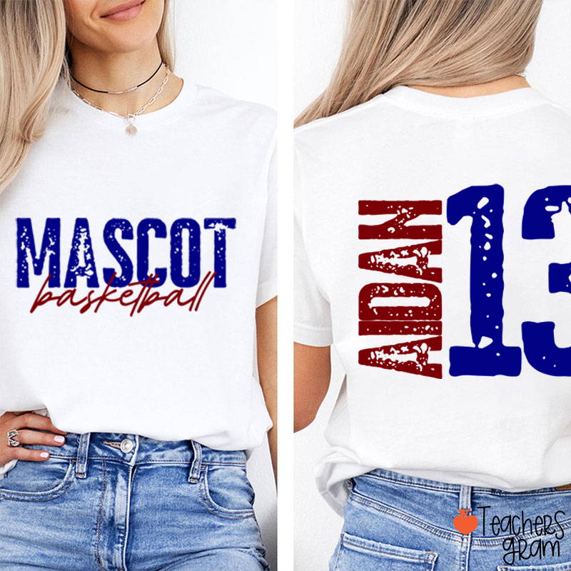 Personalized Mascot Name And Number Basketball Teacher Two Sided T-Shirt