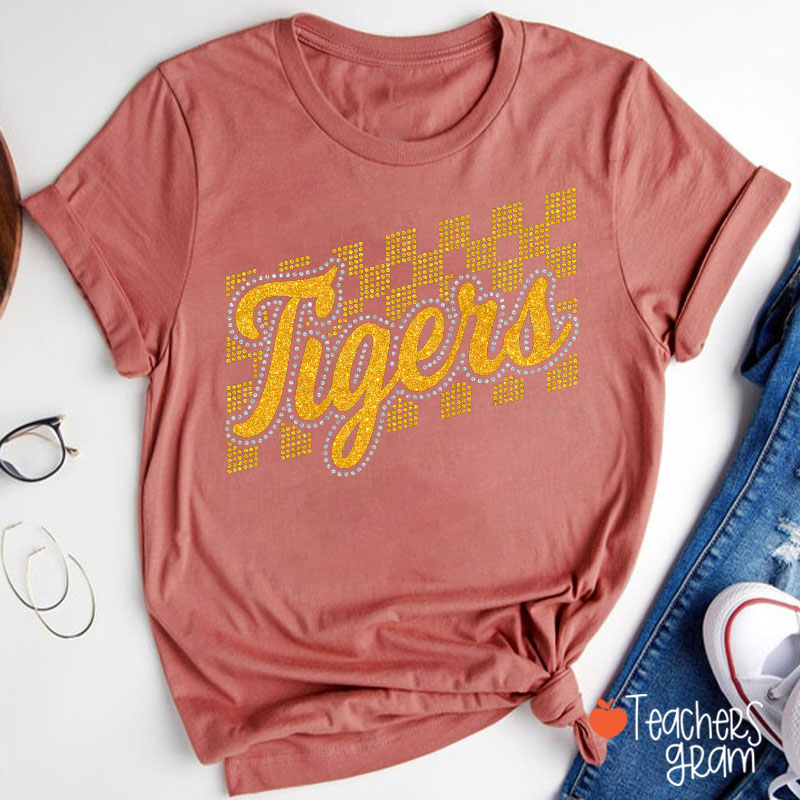 Personalized Mascot Glitter Checkered Script Teacher T‑Shirt
