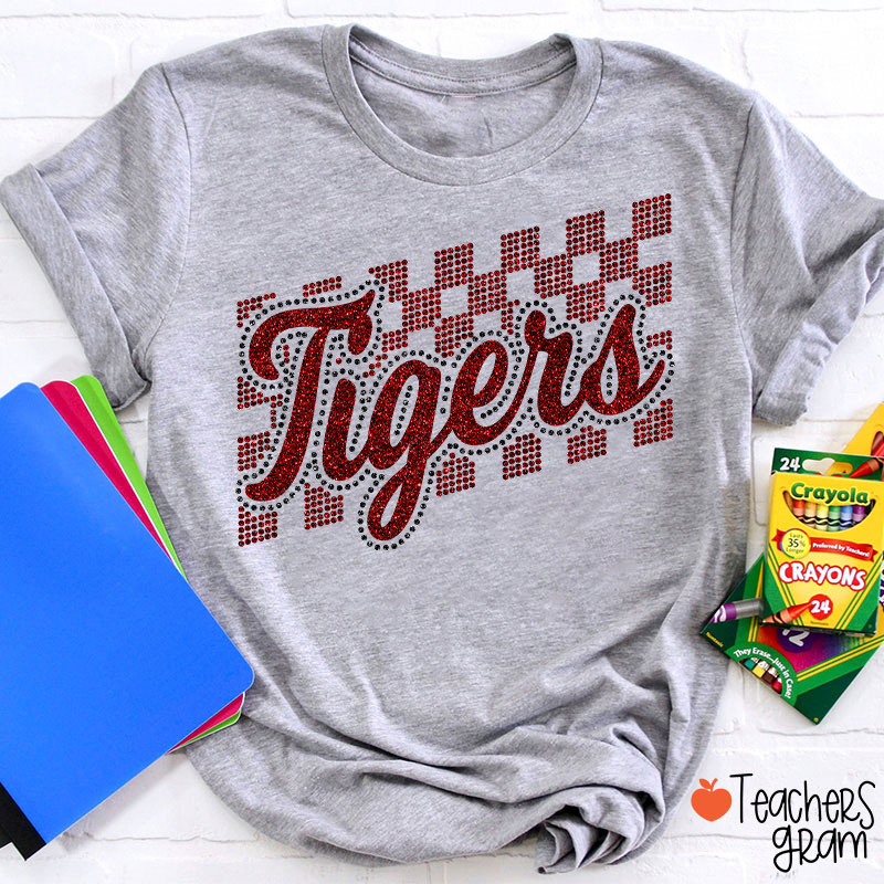 Personalized Mascot Glitter Checkered Script Teacher T‑Shirt