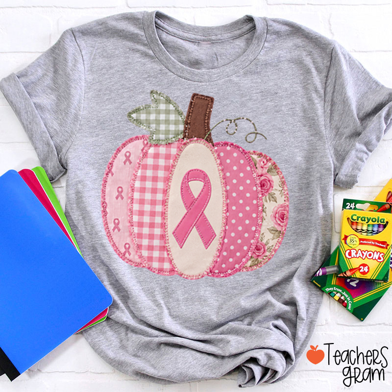 Pink Faux Patchwork Pumpkin Ribbon Teacher T‑Shirt