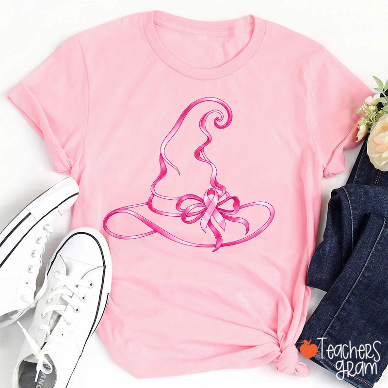 Halloween Witch Hat Pink Ribbon Breast Cancer Support Teacher T‑Shirt