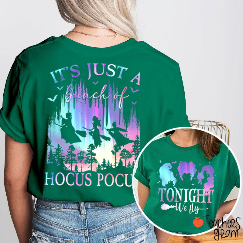 Tonight We Fly Witch Silhouette Broom Bat Teacher Two Sided T‑Shirt