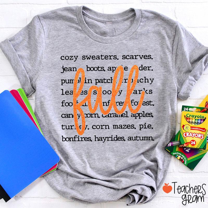 Glitter Fall Autumn Word List Teacher T‑Shirt